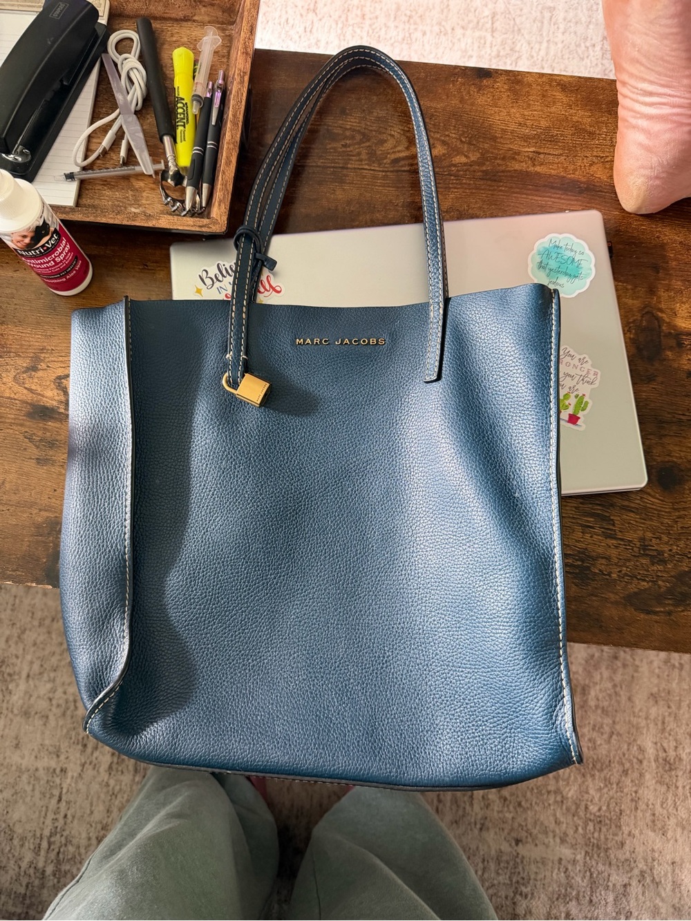 Authentic Marc Jacobs Pebbled Leather Grind Tote Bag - Navy Blue & Gold